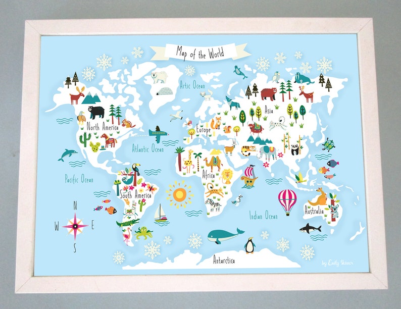 May include: A colorful illustrated world map with animals and landmarks. The map is on a light blue background with white snowflakes. The continents are outlined in white and the oceans are blue. The map includes the text "Map of the World" and "by Emily Showers".