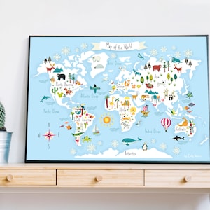 May include: A colorful illustrated world map with animals and landmarks on a light blue background. The map includes continents, oceans, and a compass. The text "Map of the World" is at the top of the map.