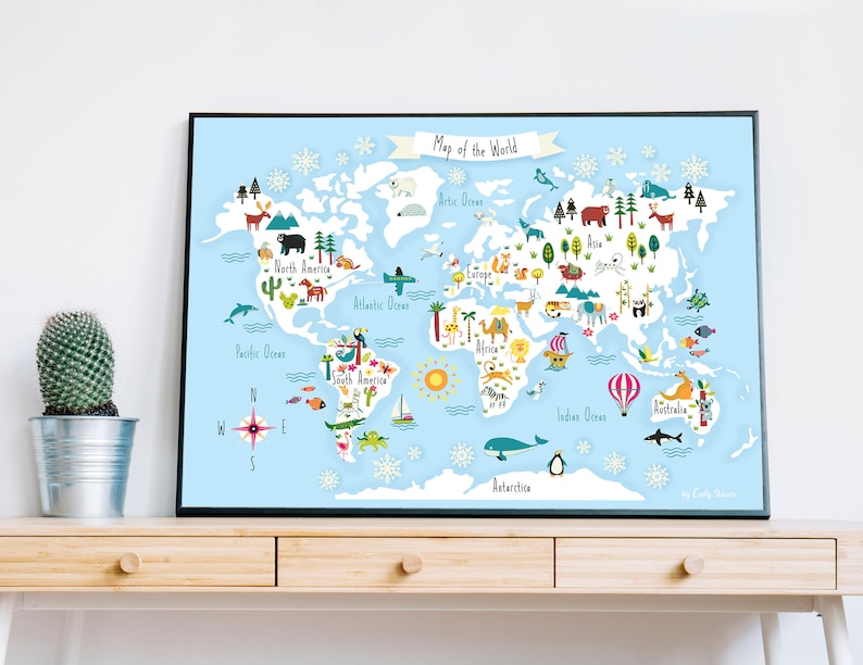 May include: A colorful illustrated world map with animals and landmarks on a light blue background. The map includes continents, oceans, and a compass. The text "Map of the World" is at the top of the map.