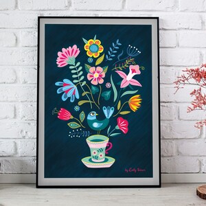 Folk art floral art print, A3, vintage tea cup and bird decorative illustration print image 9
