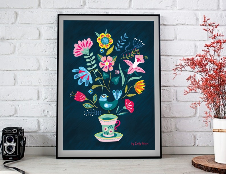 Folk art floral art print, A3, vintage tea cup and bird decorative illustration print image 9