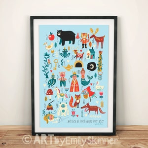 Impresión ABC de cuento de hadas (azul), impresión para niños, descarga instantánea en 4 tamaños, póster del alfabeto, arte de pared para niños, decoración de guardería, arte popular