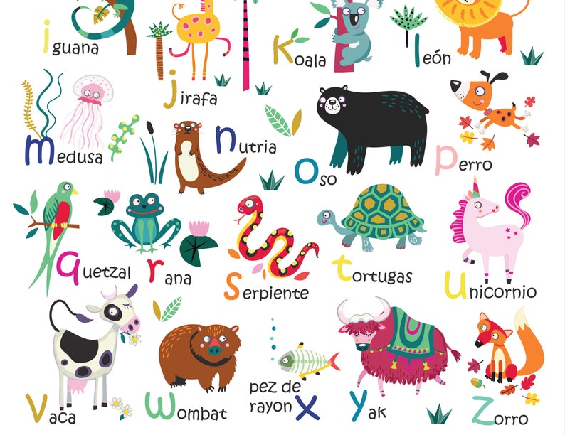 Spanish Animal Alphabet Poster Digital download in 4 sizes, kids wall art, classroom wall poster educational print image 4