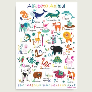 Spanish Animal Alphabet Poster Digital download in 4 sizes, kids wall art, classroom wall poster educational print image 2
