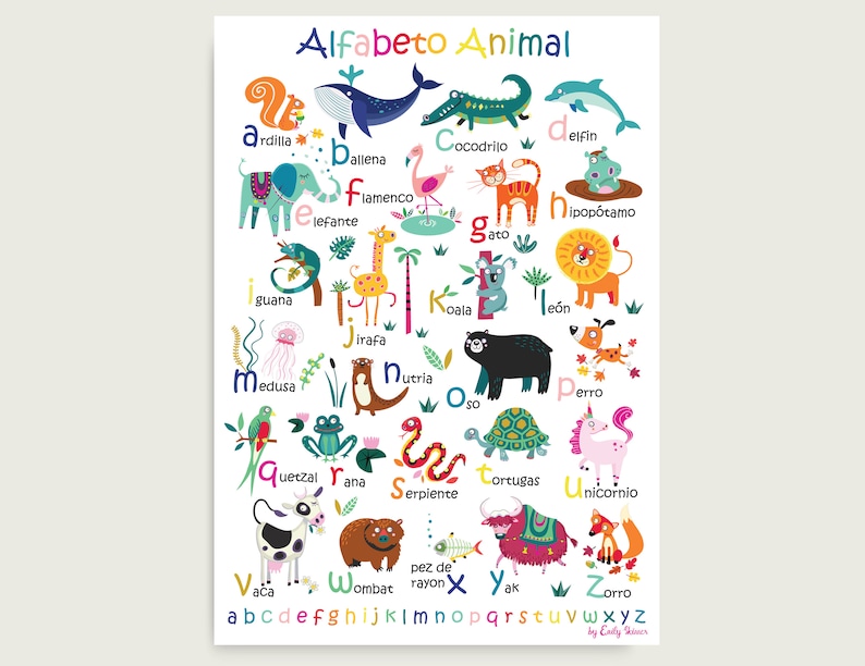 Spanish Animal Alphabet Poster Digital download in 4 sizes, kids wall art, classroom wall poster educational print image 2