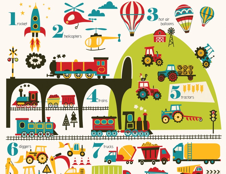 Vehicles Counting Numbers Childrens Poster, digital download image 3