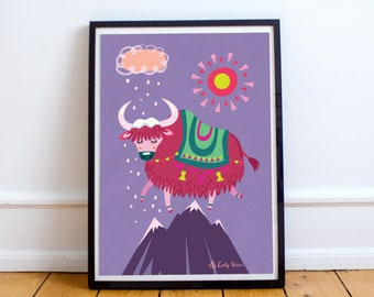 Childrens Print, Yak animal art print, instant download, kids wall art, girls bedroom decor, colourful illustration