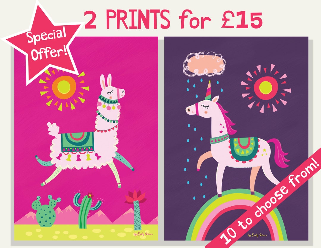 Children's Art Prints X 2, A4 Animal Prints, Choice of 10 Animals, Kids Wall Art, Bedroom