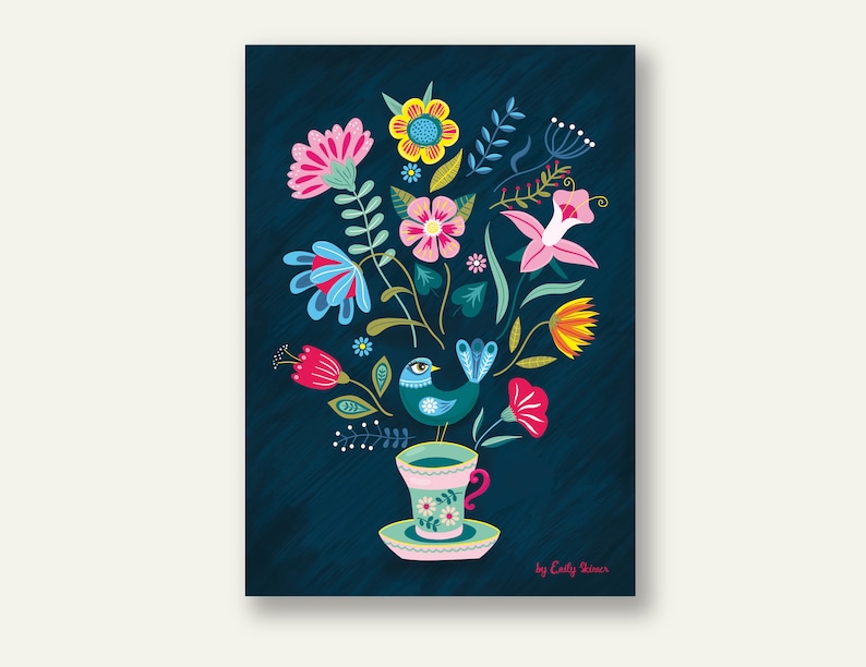 Folk art floral art print, A3, vintage tea cup and bird decorative illustration print image 2