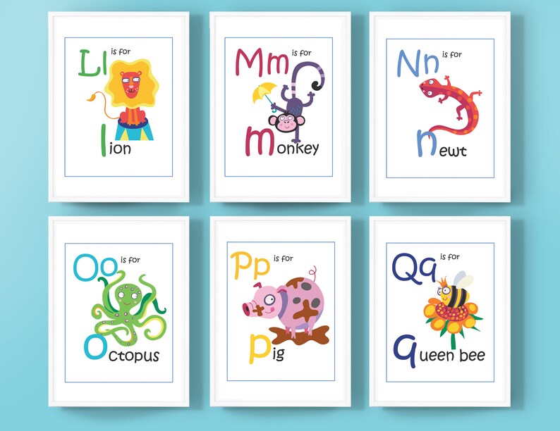 Animal Alphabet Flashcards, digital download illustrated home learning or classroom ABC prints, fun and educational phonics cards image 7
