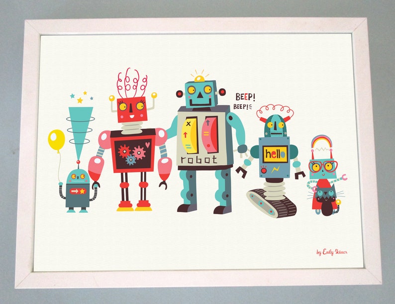 Children's art prints, robot family print, instant download, kids wall art, children bedroom decor, robot illustrations image 8