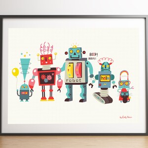 Children's art prints, robot family print, instant download, kids wall art, children bedroom decor, robot illustrations image 2