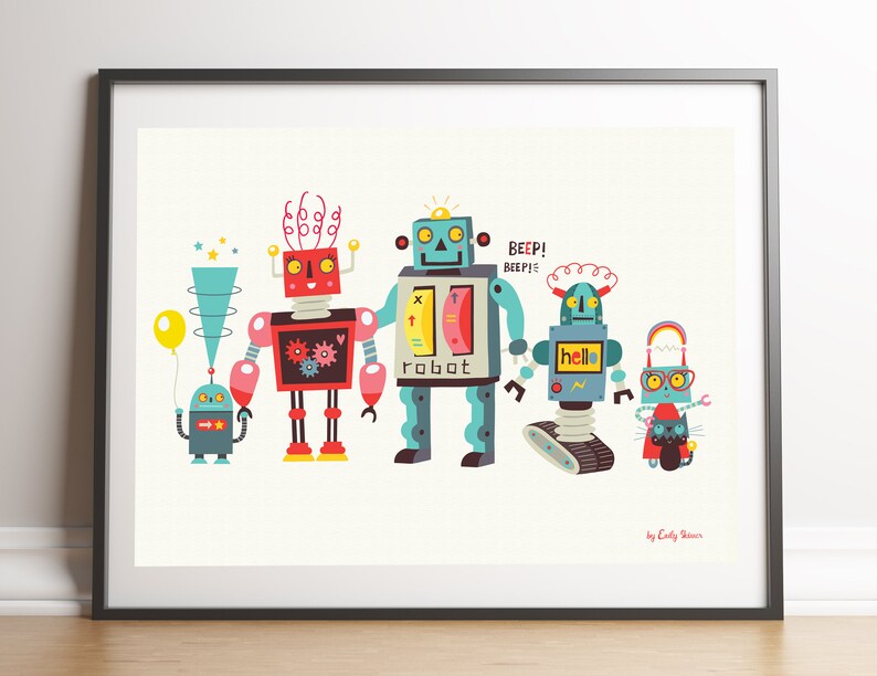 Children's art prints, robot family print, instant download, kids wall art, children bedroom decor, robot illustrations image 2