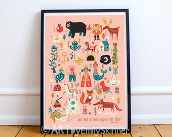 Fairytale ABC print, alphabet poster, instant download in 4 sizes, folk art, decorative prints, kids wall art, nursery decor, girl's bedroom