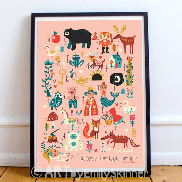 Fairytale ABC print, alphabet poster, instant download in 4 sizes, folk art, decorative prints, kids wall art, nursery decor, girl's bedroom