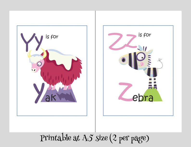 Animal Alphabet Flashcards, digital download illustrated home learning or classroom ABC prints, fun and educational phonics cards image 9