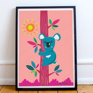 Childrens Print, koala animal art print, instant download, kids wall art, girl's bedroom decor, illustration, pretty pink print