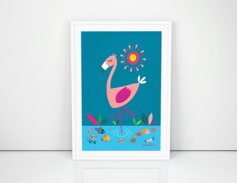 Childrens art print, Flamingo print, instant download, kids wall art, nursery decor, cute bird prints, childrens illustration prints image 4