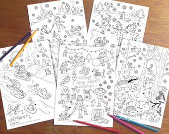 Winter Fun Colouring pages, digital download kids activity, 5 cute illustrated sheets