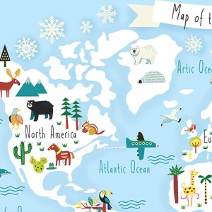 May include: A colorful illustrated world map with animals and landmarks. The map features North America, Europe, Africa, and the Arctic Ocean. The map is on a light blue background with white snowflakes.