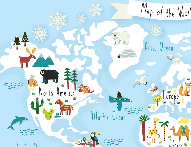 May include: A colorful illustrated world map with animals and landmarks. The map features North America, Europe, Africa, and the Arctic Ocean. The map is on a light blue background with white snowflakes.