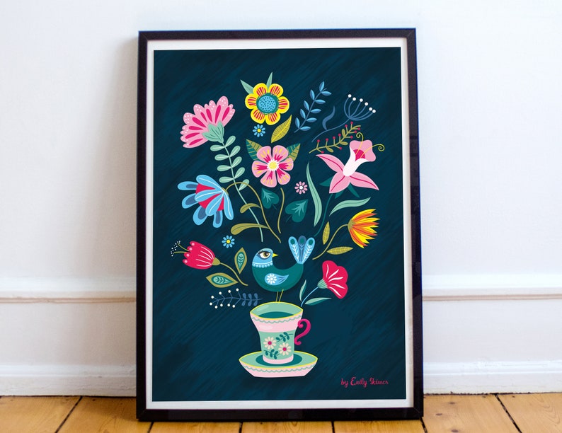 Folk art inspired illustrative print featuring a bird and vintage style tea cupwith pretty decorative flowers on a dark background. Perfect art print for boho chic or contemporary decor