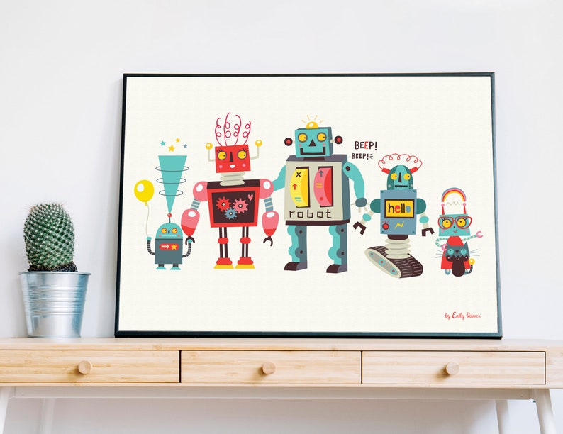 Children's art prints, robot family print, instant download, kids wall art, children bedroom decor, robot illustrations image 9