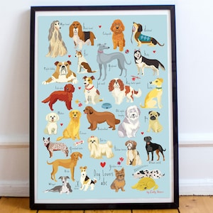 Hund Alphabet Art Print, niedliche dekorative Wand Kunst Illustration Druck, perfekt für Hundeliebhaber, Größe A3