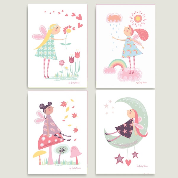 Set of 4 fairy prints, instant download, childrens art prints, kids wall art, pretty cute fairies, girls bedroom decor