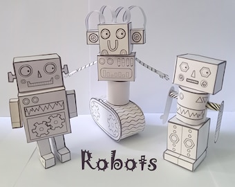 Robot Craft Printable Paper Models, digital download, Jpegs and SVG files, colouring and model making activity sheets