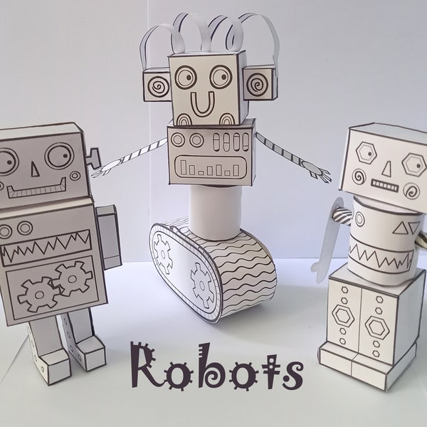 Robot Craft Printable Paper Models, digital download, Jpegs and SVG files, colouring and model making activity sheets