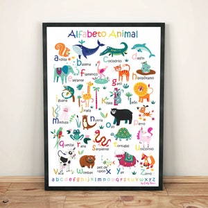 Spanish Animal Alphabet Poster Digital download in 4 sizes, kids wall art, classroom wall poster educational print image 1