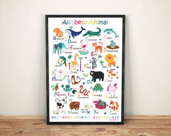 Spanish Animal Alphabet Poster Digital download in 4 sizes, kids wall art, classroom wall poster educational print