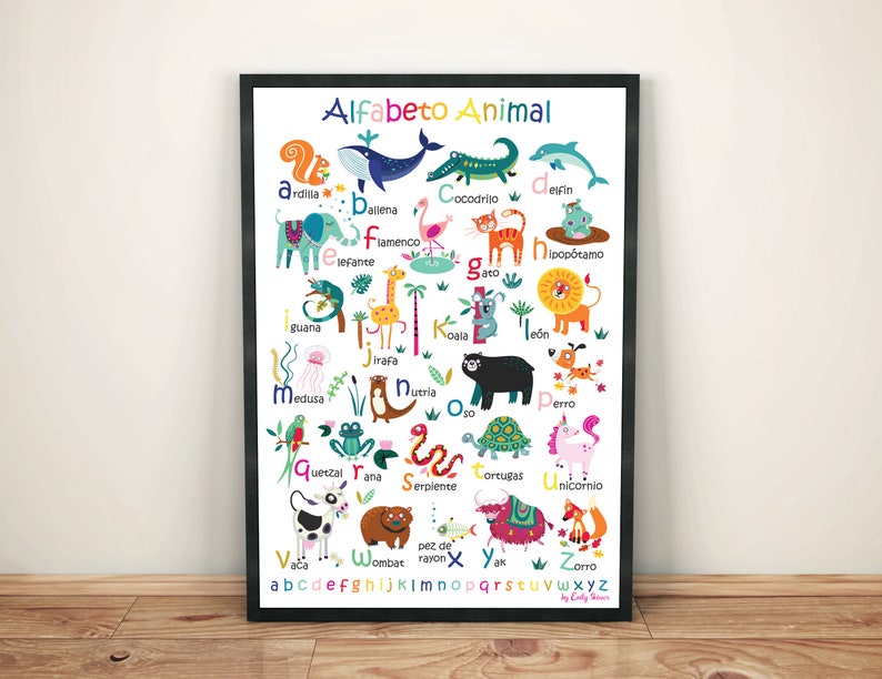 Spanish Animal Alphabet Poster Digital download in 4 sizes, kids wall art, classroom wall poster educational print image 1