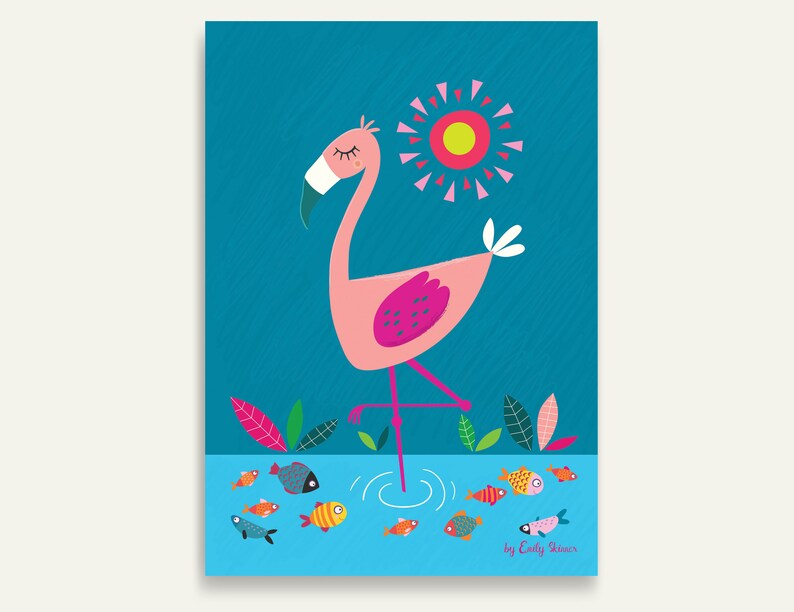 Childrens art print, Flamingo print, instant download, kids wall art, nursery decor, cute bird prints, childrens illustration prints image 2