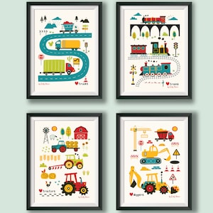May include: Four framed art prints with colorful illustrations of vehicles and farm scenes. The prints include images of trucks, trains, tractors, and diggers. Each print has a black frame and is labeled with the word for the image.