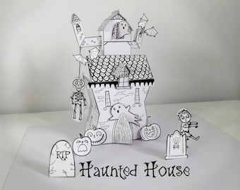 Actividad artesanal de papel de la casa embrujada, descarga instantánea, kit de manualidades imprimible de Halloween para niños