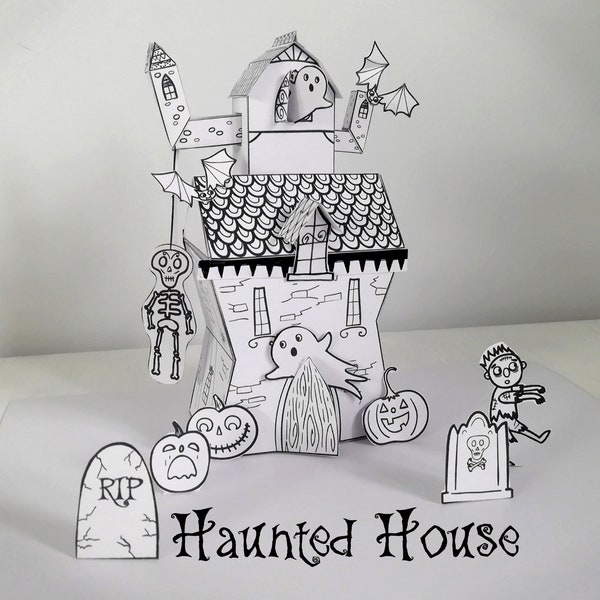 Actividad artesanal de papel de la casa embrujada, descarga instantánea, kit de manualidades imprimible de Halloween para niños