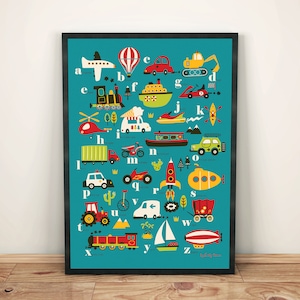Alfabetposter, direct downloaden, voertuigen, transport, kinderkunstprint, kindermuurkunst, auto's en vrachtwagens, jongenskamer