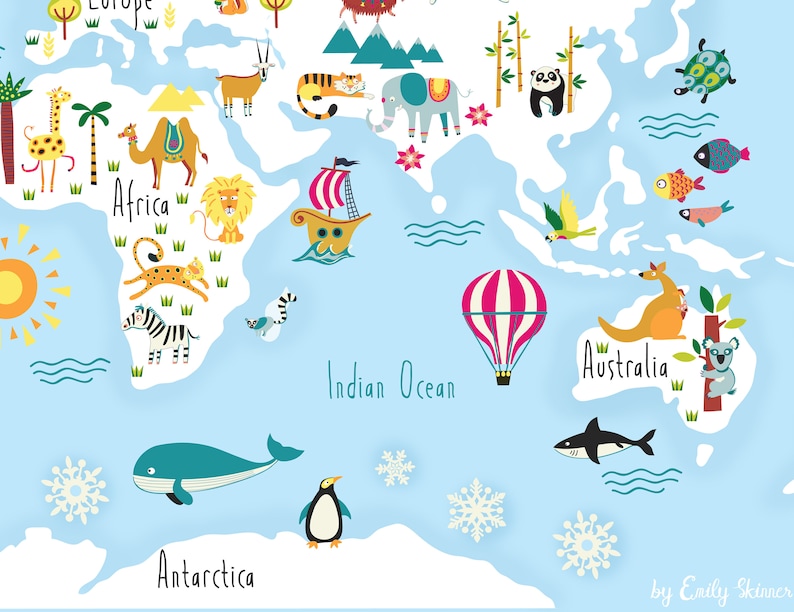 May include: A colorful world map with animals and landmarks from different continents. The map features a blue background with white waves, a yellow sun, and a hot air balloon. The continents are outlined in black and filled with different colors. Each continent has a unique animal and landmark. For example, Africa has a zebra, a giraffe, and a camel. Asia has a panda bear, a bamboo forest, and a pagoda. Australia has a kangaroo, a koala, and a eucalyptus tree. Antarctica has a penguin and a whale. The map is titled "by Emily Skinner".