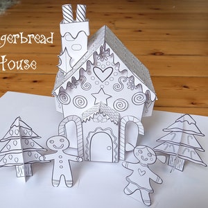 Gingerbread House Printable paper craft and colouring activity for kids, digital download