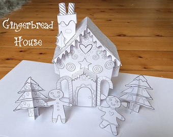 Gingerbread House Printable paper craft and colouring activity for kids, digital download