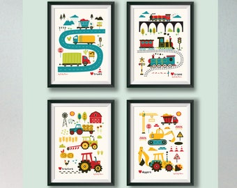 Set of 4 Vehicles art prints (A4 size), colourful, graphic art illustrations featuring  modes of transport- cars, diggers, tractors & trains