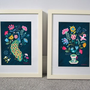 Folk art floral art print, A3, vintage tea cup and bird decorative illustration print image 6