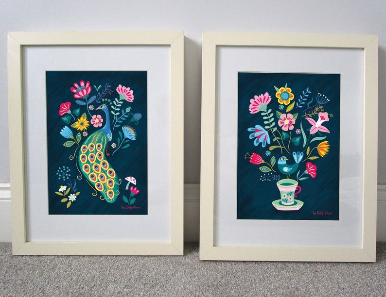 Folk art floral art print, A3, vintage tea cup and bird decorative illustration print image 6