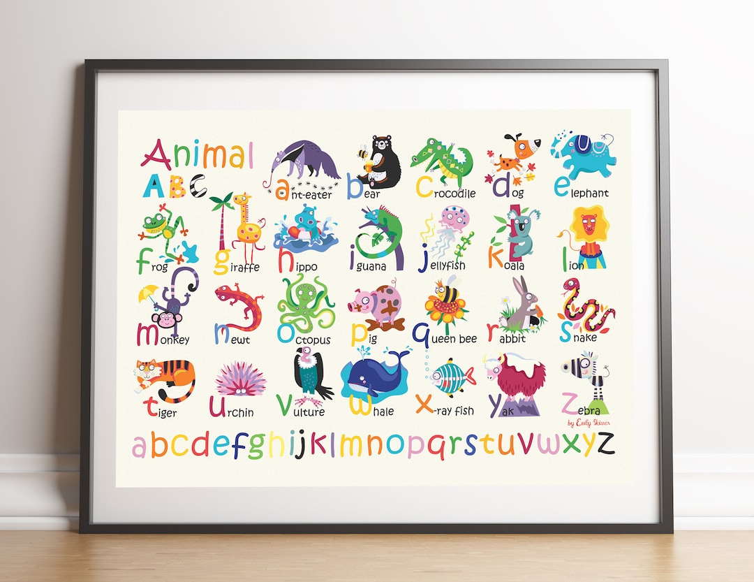 Animal Alphabet Poster, Digital Download Colourful Wall Art for Kids