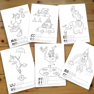 Peut inclure: Six pages de coloriage d'alphabet en noir et blanc. Chaque page présente une lettre différente avec une illustration, comme un singe, un chat, un éléphant, une licorne, un flamant rose et une fusée. Les pages sont conçues pour que les enfants puissent colorier et s'entraîner à écrire.