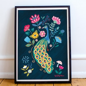 Folk Art Peacock Print, A3 decorative floral art print printed on quality silk finish paper