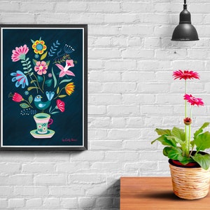 Folk art floral art print, A3, vintage tea cup and bird decorative illustration print image 10