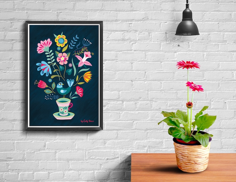 Folk art floral art print, A3, vintage tea cup and bird decorative illustration print image 10